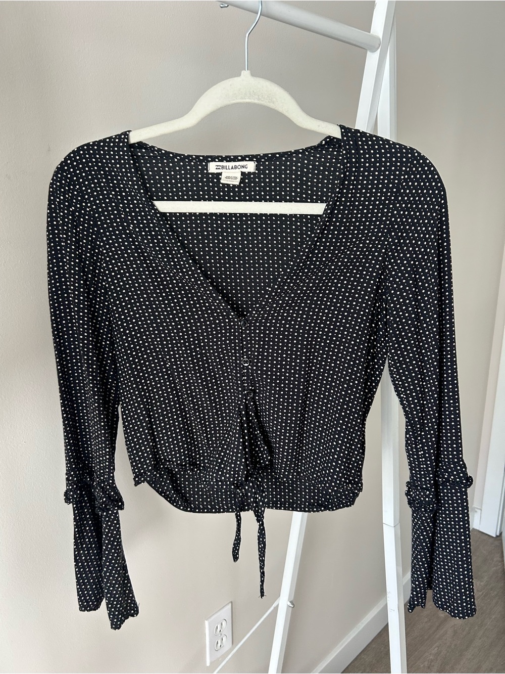 Billabong Black Polka Dot Tie-Front V-Neck Blouse